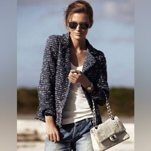 Talbots Shimmer Sparkly Blue Black Double Breast Blazer Sz 10P Career Holiday